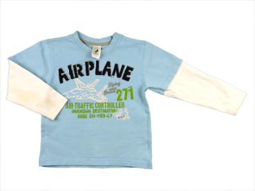 Langarmshirt Gr. 104/110 Palomino hellblau 2-Lagen-Look Flugzeugmotiv