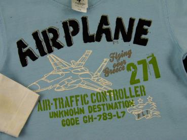 Langarmshirt Gr. 104/110 Palomino hellblau 2-Lagen-Look Flugzeugmotiv