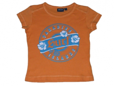 T-Shirt Gr. 110 Aldi orange mit blauem Aufdruck – surfen