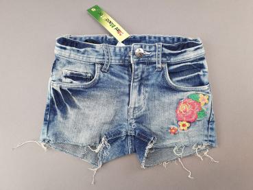 kurze Jeans Gr. 116 H&M verschwaschen, Fransen, bunte Stickblumen