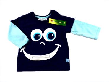 Langarmshirt Gr. 62/68 blau 2-Lagen-Look Reißverschluss Smiley