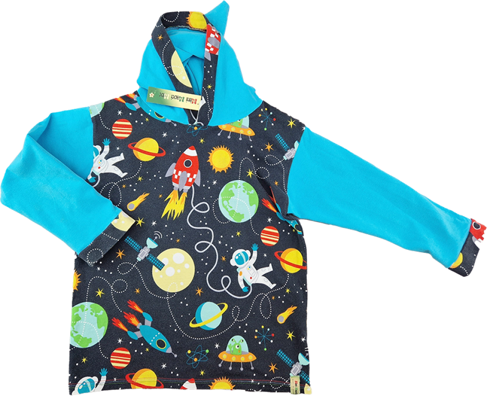 Langarmshirt Gr. 116/122 handgenäht mit Kaputze blau/schwarz Raketen Weltall