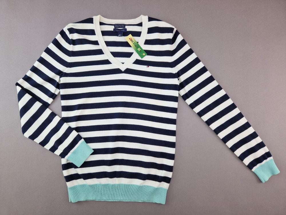 Feinstrickpullover Gr. 36/38 Tommy Hilfiger blau/weiß mit V-Ausschnitt