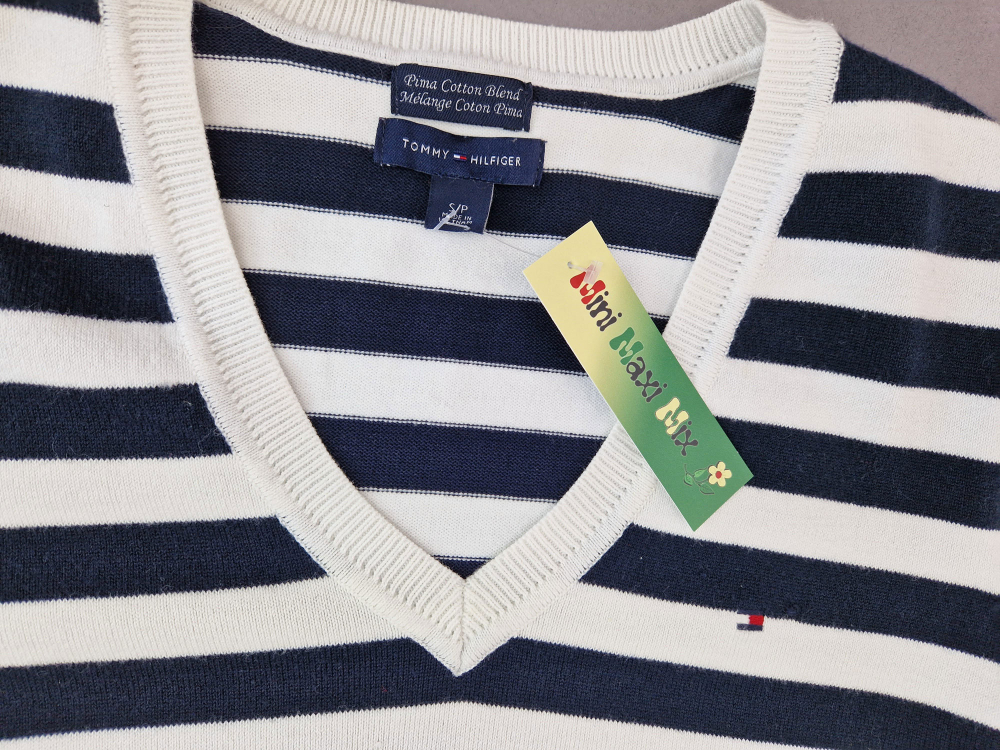 Feinstrickpullover Gr. 36/38 Tommy Hilfiger blau/weiß mit V-Ausschnitt