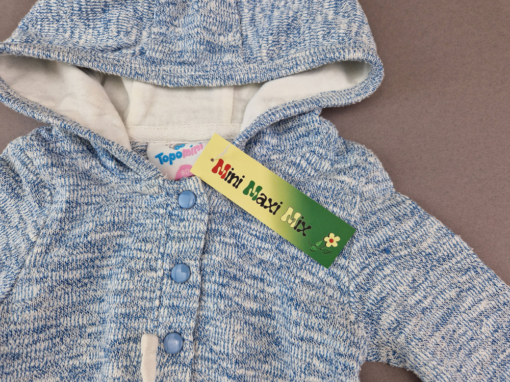 Strickkleidchen Gr. 74 Topomini hellblau meliert mit Kaputze und Katze