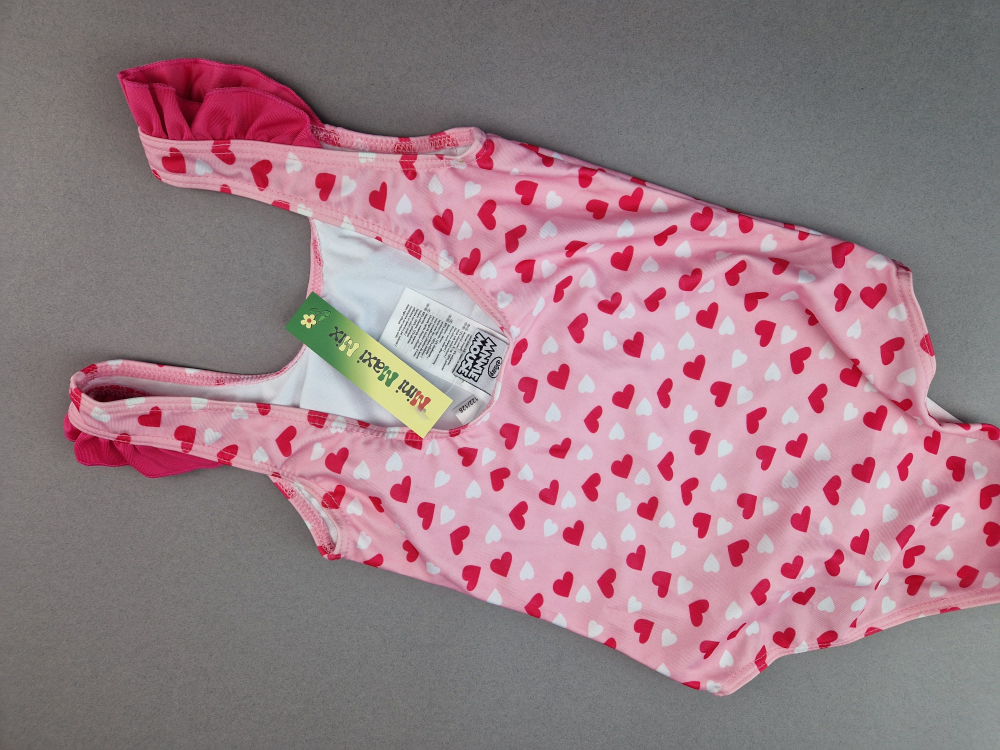 Badeanzug Gr. 134/140 Minni Mouse rosa mit pinken Herzen und Rüschen