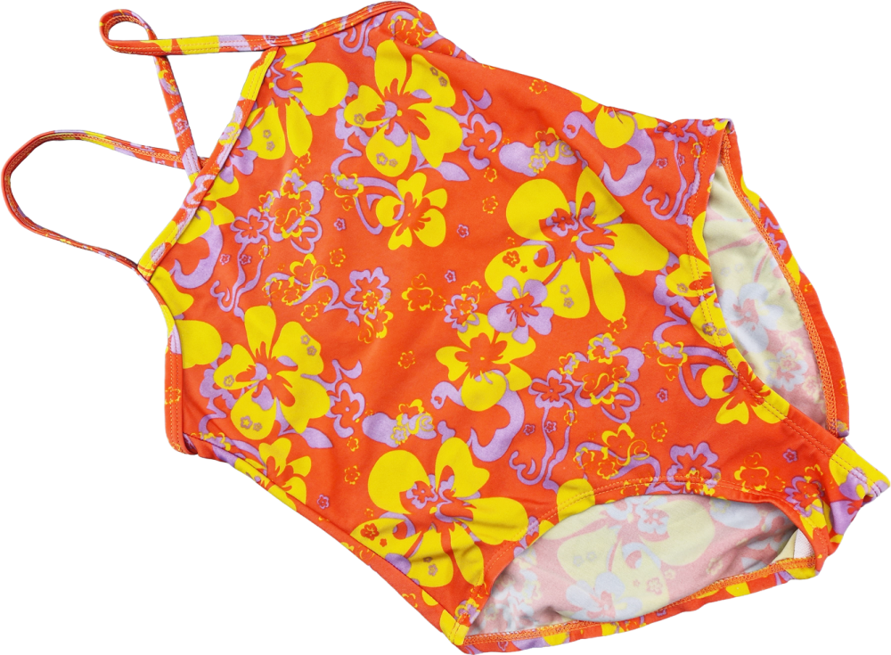 Badeanzug Gr. 128/134 orange mit gelben/flieder Blumen