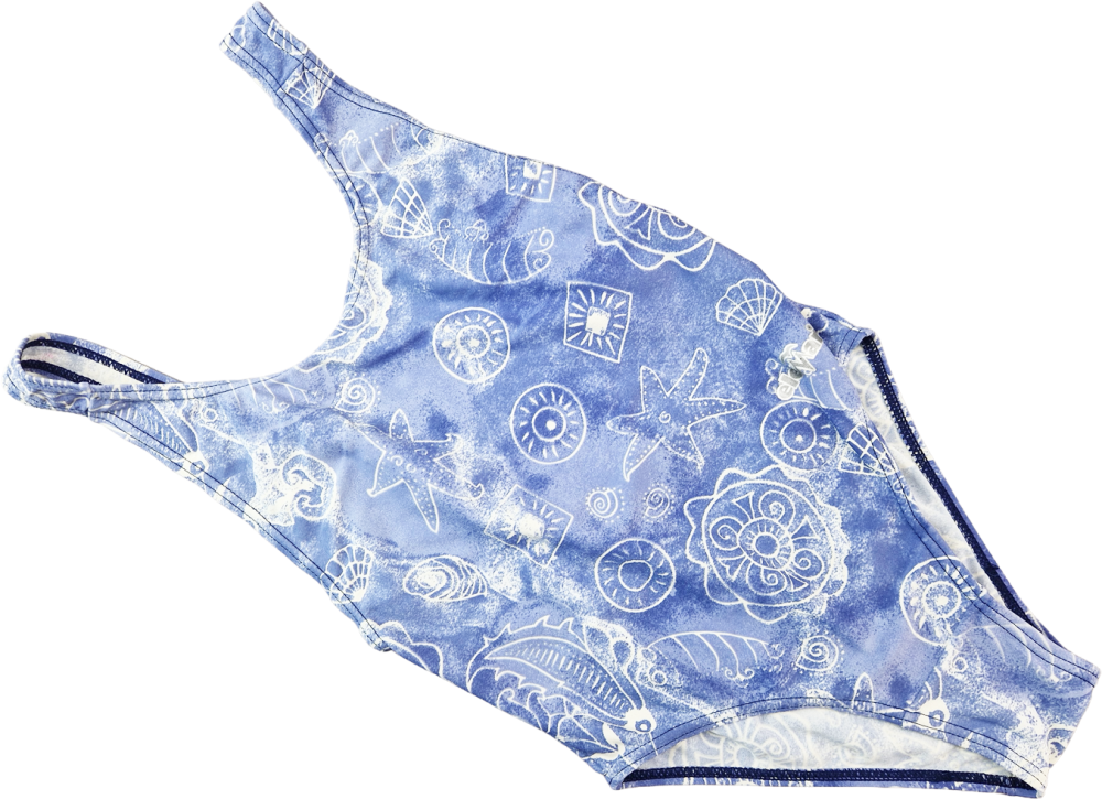 Badeanzug Gr. 128/134 hellflieder mit weißen Seesternen/Seepferdchen