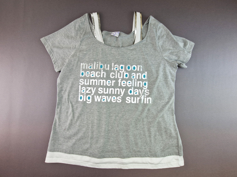 raffiniertes T-Shirt Gr. 52 hellgrau mit Glitzerschrift Doppellagenlook