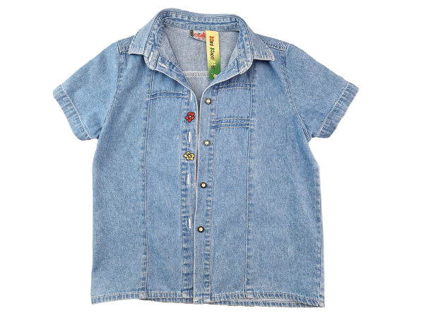 Jeansbluse mit Blumenverzierung Gr. 110 Kids Outfit kurzarm