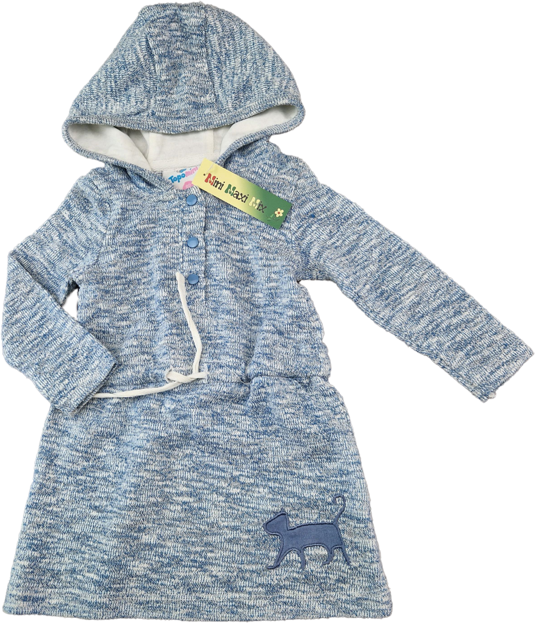 Strickkleidchen Gr. 74 Topomini hellblau meliert mit Kaputze und Katze