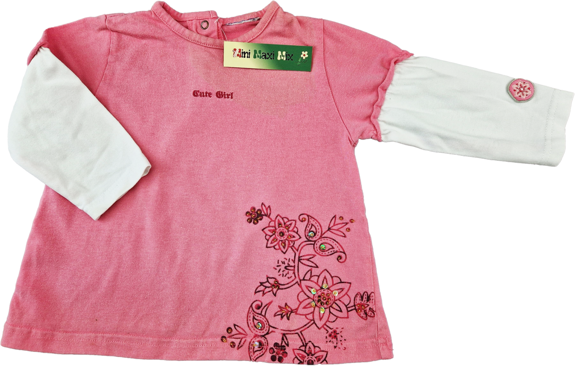 Langarmshirt gr. 74/80 rosa/weiß 2 Lagenlook Pailletten Blumen
