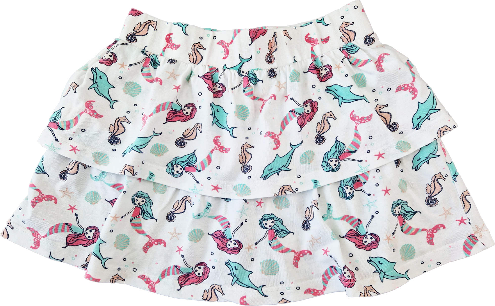 Jerseyröckchen Gr. 116 Volant weiß Seepferdchen Meerjungfrauen