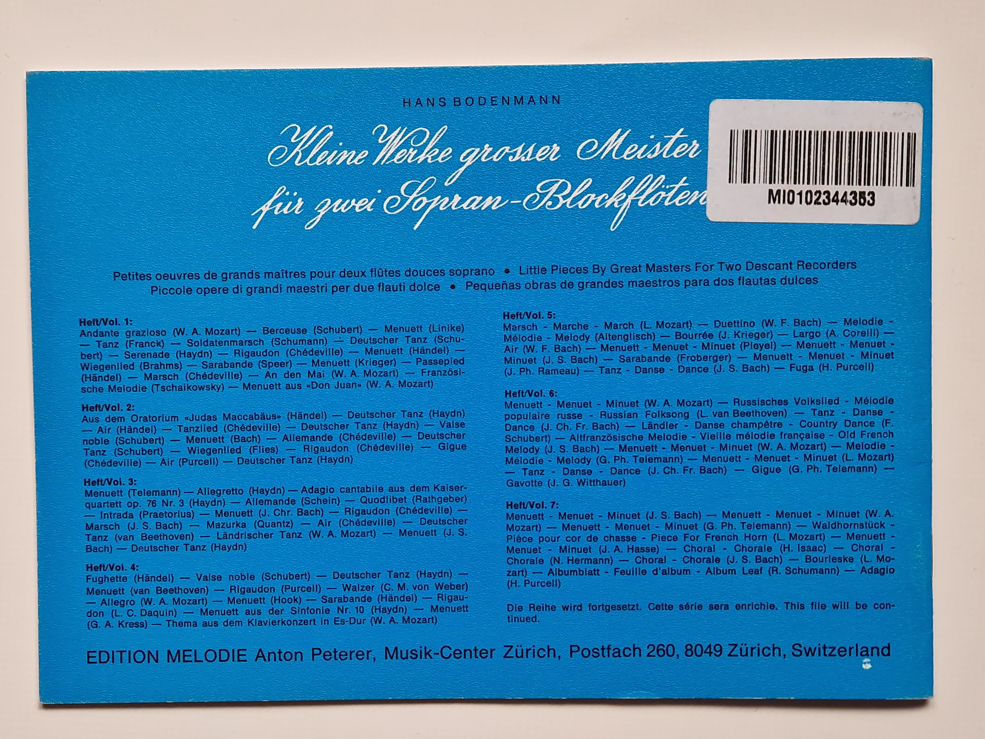 kleine Welt für große Meister für zwei Sopran-Blöckflöten Hans Bodenmann