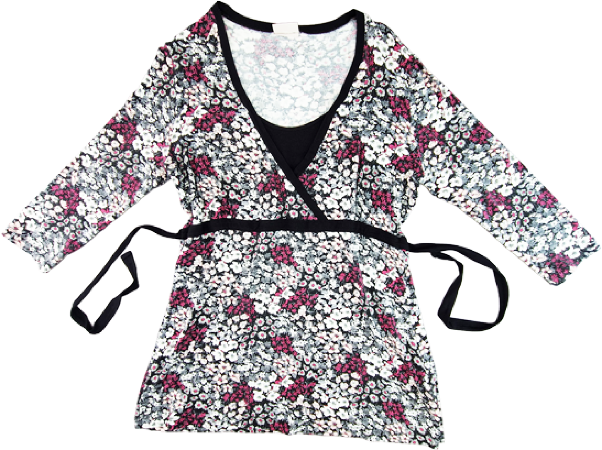 Stretchshirt Gr. 42 Canada schwarz mit rosa/pinken Blumen langarm Bindeband