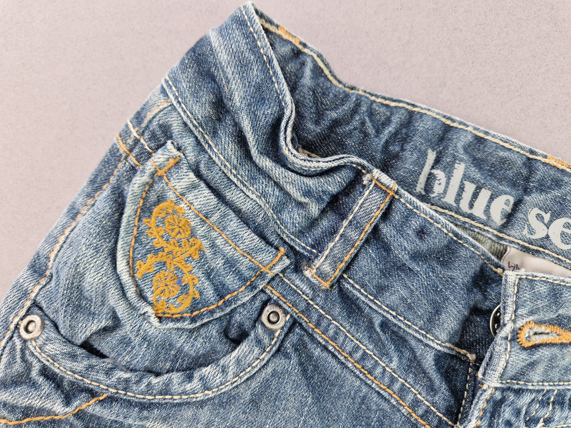 ¾ Jeans used Look Gr. 140 blue seven blau Blumenstickerei