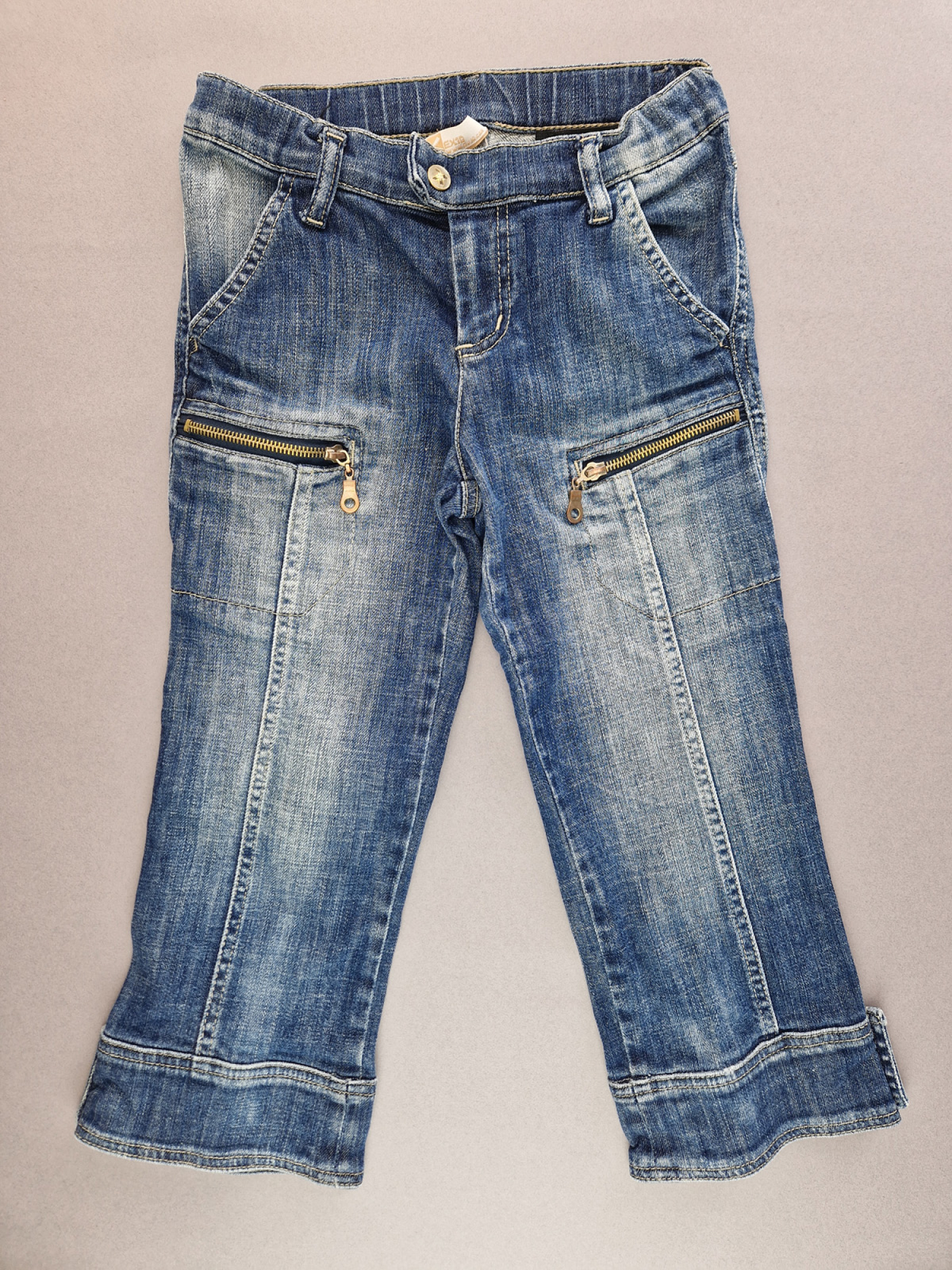 Raffinierte ¾ Jeanshose Gr. 140 ex10 blau mit vielen Taschen