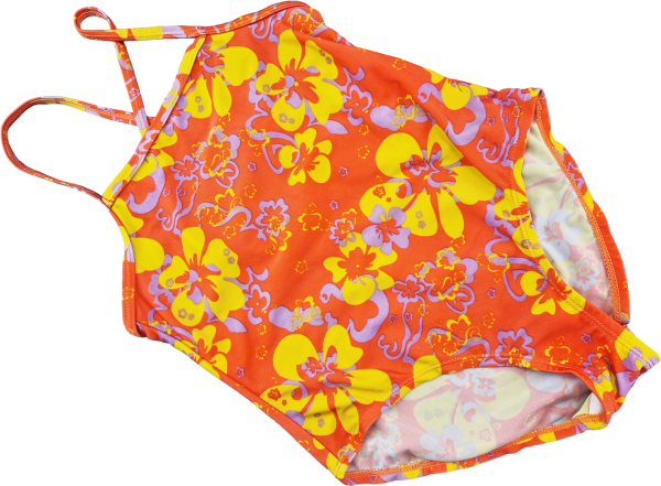 Badeanzug Gr. 128/134 orange mit gelben/flieder Blumen