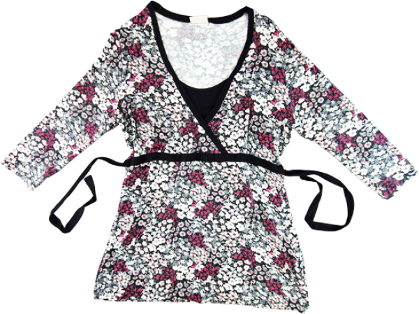 Stretchshirt Gr. 42 Canada schwarz mit rosa/pinken Blumen langarm Bindeband