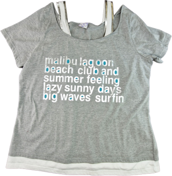 raffiniertes T-Shirt Gr. 52 hellgrau mit Glitzerschrift Doppellagenlook